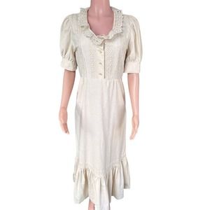 Vintage 70s Linen Prairie Dress Natural Color Cottagecore Dress Size Large